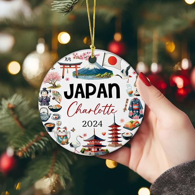 Japan Culturally Artistic Ceramic Ornament Xmas 2025, Personalized Japan Landmark Christmas Ornament, Japan Travel Souvenir Xmas Tree Ceramic Ornament, Custom Name Tokyo City Christmas Keepsake Decor