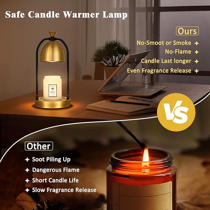 Gold Candle Warmer Lamp with Timer-Modern Room Decor Aesthetic Vintage, Gifts for Women,Dimmable Wax Melt Warmer for Scented Wax with 2 Bulbs