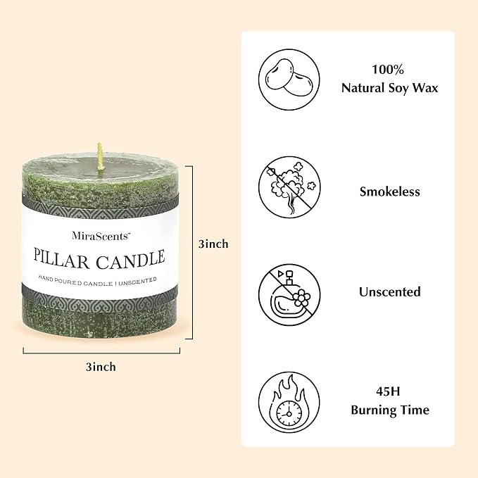 3x3 Inch Moss Green Pillar Candles Set of 3 - Unscented Spring Candles, Long Clean Burning, Large Big Candles, Smokeless Dripless Candles for Spring Home Decor, Dinner Table, Bathroom, Rustic Decor