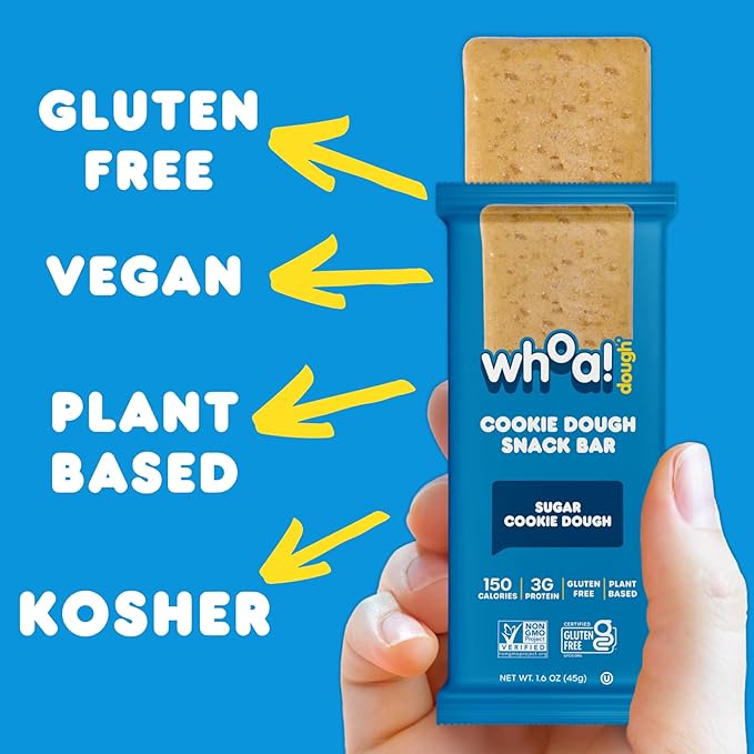 Whoa Dough Edible Cookie Dough Bars- Certified Non-GMO, Kosher and Gluten Free Bars - Healthy Snack Foods - Plant Based Snacks Made With Real Ingredients - Sugar Cookie Dough - 10 Pack