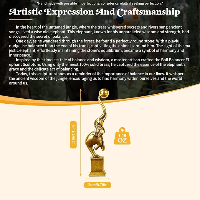 100% Solid Brass Elephant Sculpture - Ball Balancer Desk Toy, Handcrafted Vintage Home Décor, Playful Elephant Balancing Act Figurine, Unique Office & Bookshelf Collectible Art for Animal Lovers