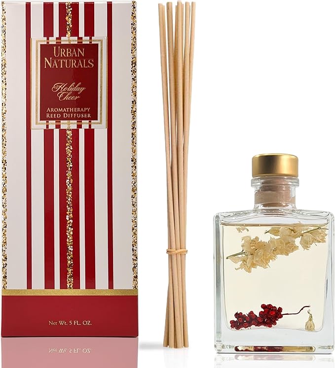 Urban Naturals Holiday Cheer Reed Diffuser Set – Cranberry, Cinnamon, Evergreen, Cedar & Smokey Wood – Made with Essential Oils – Sleek Rectangular Refillable Glass Bottle – Made in The USA