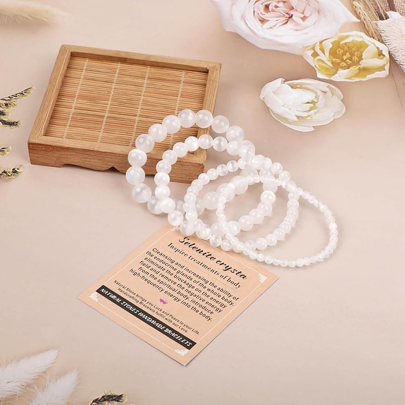 AD Beads Handmade Gemstone Stretch Elastic Bracelet Crystal Healing Reiki Nature's Beauty and Spiritual Essence Unisex (6mm, Selenite Crystal (Inspire treatments))