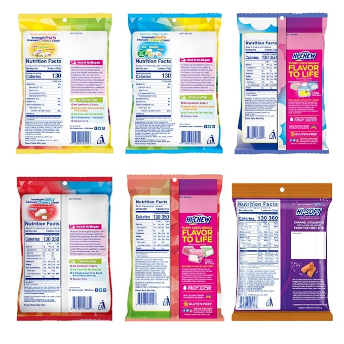 HI-CHEW Variety Mix, Pack of 6 Bags Including Salted Caramel - 15 Flavor Assort Sweet and Sour Chewy Halloween Candy, Fun Soft - Immensely Juicy Fruity Candy Flavors - Individually Wrapped for Sharing