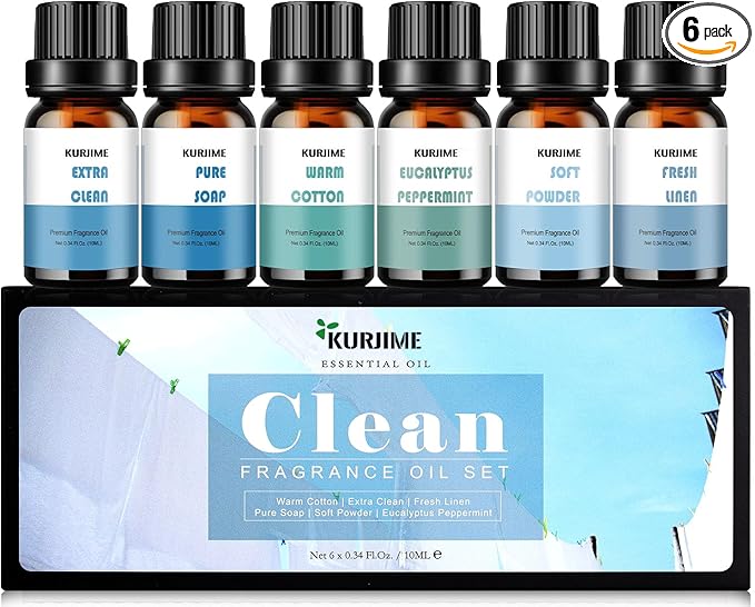 Essential Oils Set, Clean Scents Fragrance Oil Essential Oils for Diffuser Aromatherapy - Fresh Linen, Extra Clean, Warm Cotton, Soft Powder, Pure Soap, Eucalyptus Peppermint, 6x10ml
