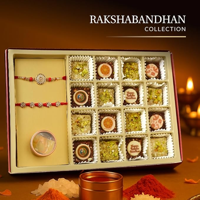 Laumière Gourmet Fruits | Rakhi for Brother with Gift Set | Rakhi with Sweets | Raksha Bandhan Premium Dry Fruits & Nuts Box with 2 Rakhis & Roli Combo – Rakhi Hamper for Brother - No Added Sugar, Vegan, Halal