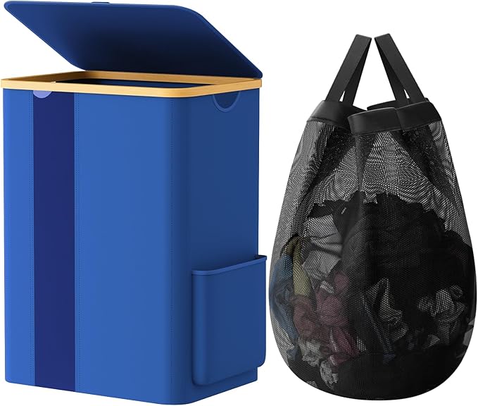 Laundry Basket Clothes Hamper with Lid and Pocket Large Collapsible Laundry Baskets with Handle, Blue Freestanding Hampers for Bedroom Aesthetic, Dorm, Bathroom, Laundry Room (80L)