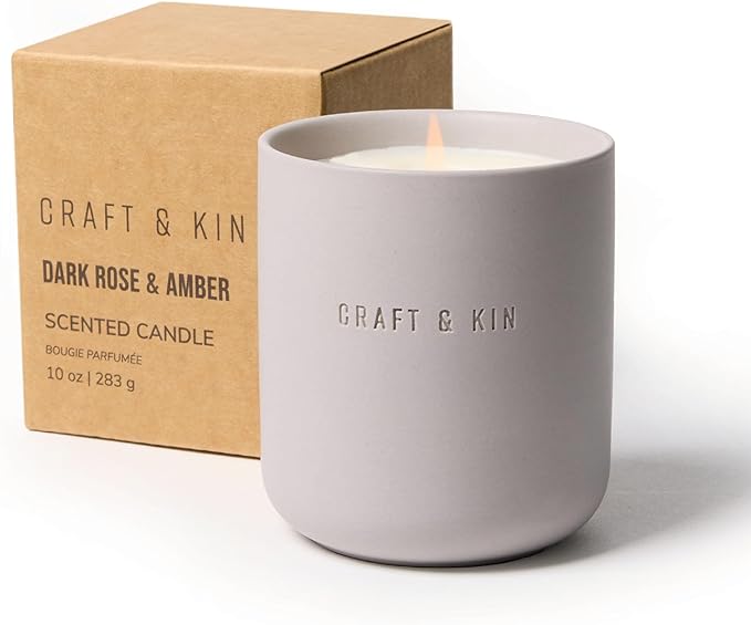 Craft & Kin Scented Candles - Dark Rose & Amber | 10oz Soy Blend with Cotton Wick | Long-Lasting Fall Candles, 40-Hour Burn | Ceramic Jar, Perfect Fall & Winter Home Scent