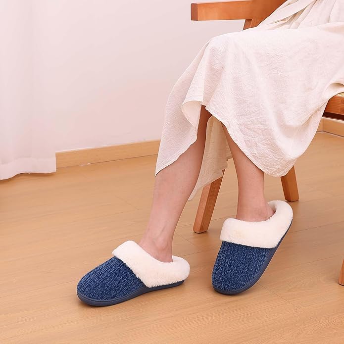 Evshine Warm Knit House Slippers for Women Comfy Wool-Like Lined Chenille Slippers with Memory Foam and Indoor Outdoor Soles