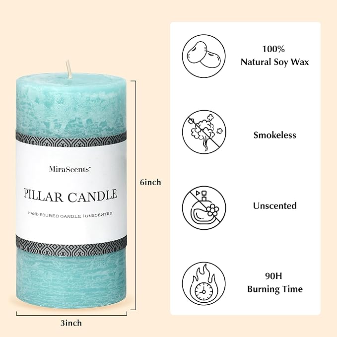 3x6 Inch Turquoise Pillar Candles Set of 3 - Unscented Candles, Long Clean Burning, Large Big Candles, Smokeless Dripless Pillar Candles for Dinner Table, Wedding, Home, Bathroom, Rustic Decor