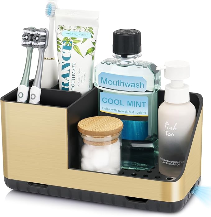 Toothbrush Holders for Bathroom Countertop Organizer, Kids Electric Toothbrush and Toothpaste Holders, Bathroom Accessories Organizer and Storage (Brushed Gold)
