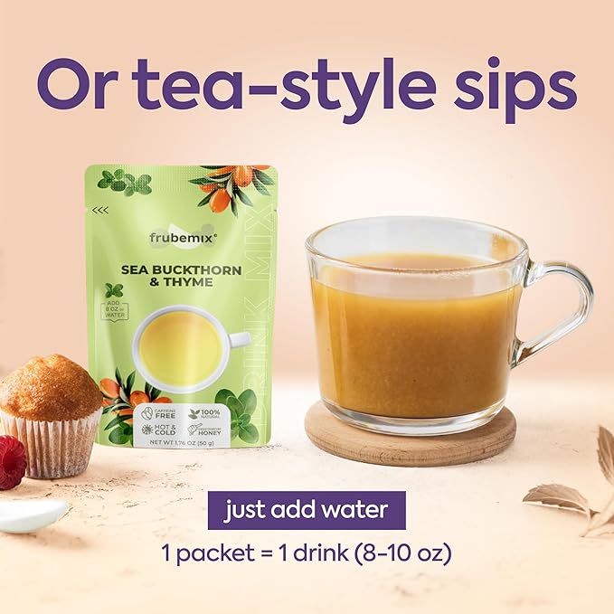 Frubemix Sea Buckthorn & Thyme – Honey Sweetened, Purée-Based Drink Mix | No Artificial Flavors | Sparkling Refreshers, Cocktails & Mocktails | Hot or Iced (10 Count)