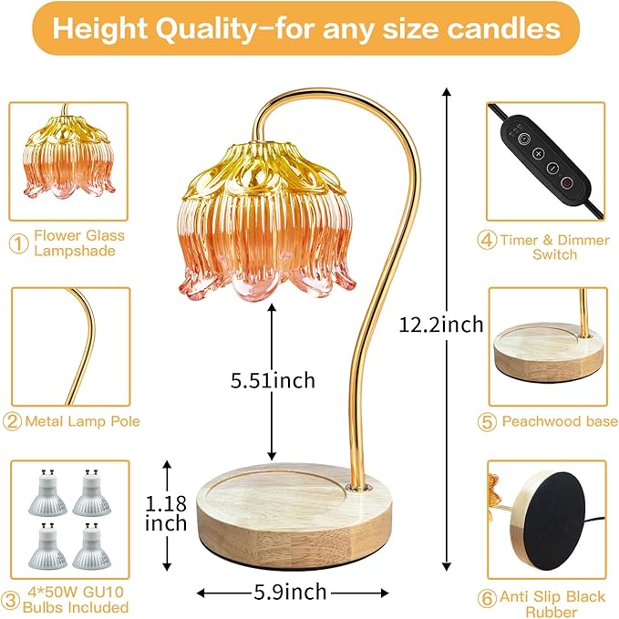 Dimmable Flower Candle Warmer Lamp, Fall Candle Warmer with Timer & 4Bulbs, Womens Gifts for Christmas Birthday, Unique Home Decor for Bedroom Fall Decor (Orange)