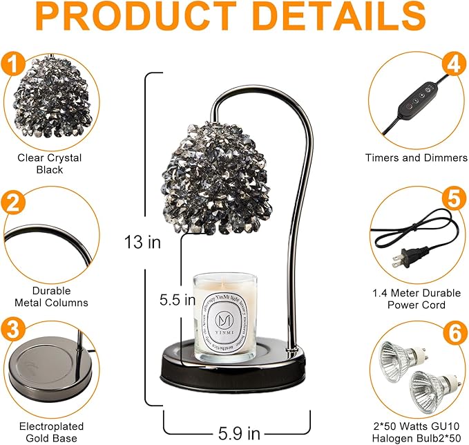 Black Candle Warmer Lamp with Timer - Adjustable Height Candle Warmer, Dimmer, Crystals Lampshade, Wax Melting Lamps for Home Decor, for Candles in Jars with 2 Bulbs