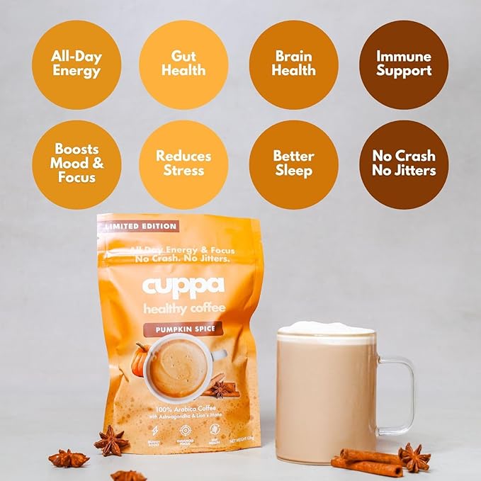 Cuppa Healthy Mushroom Insant Coffee with Lion's Mane & Ashwagandha for All Day Energy & Focus - No Crash or Jitters - Nootropics for Brain Health, Gut Health, Immunity, Stress, Memory + Mood (30 Servings, Pumpkin Spice)