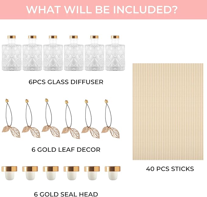 Glass Reed Diffusers Bottles for Home, Diffuser Bottles with 40PCS Reed Diffuser Sticks, Vintage Embossed Apothecary Style Flower Bud Vases with Cork Lids, Set of 6（Small Leaves ）