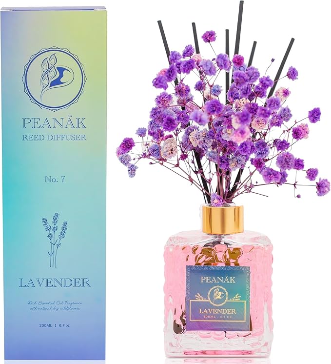 Reed Diffuser Set - French Lavender Oil, Oil Diffuser Sticks, Bathroom Diffuser, Bathroom Decor, 200ml with Preserved Flowers - PEANÄK