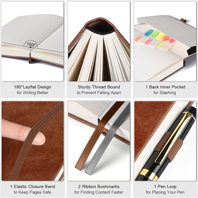 College Ruled Notebook, Large B5 Hardcover Leather Journal, 314 Numbered Pages Writing Journal, 100gsm No Bleed Paper, Lined Journal Notebook for Women Men School Office, 7.6'' X 10'', Brown