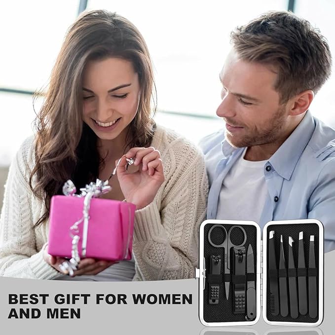 9PCS Professional Tweezers Set and Nail Clippers for Men and Women, Stainless Steel Tweezers No Gaps with Leather Travel Case