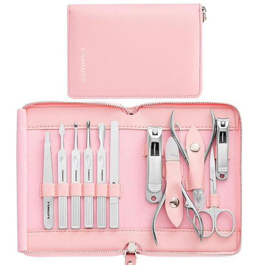 FAMILIFE Manicure Set Professional Manicure Kit Nail Kit - 11PCS Gifts for Her Nail Clippers for Women Stainless Steel Pedicure Sets Pink Leather Case