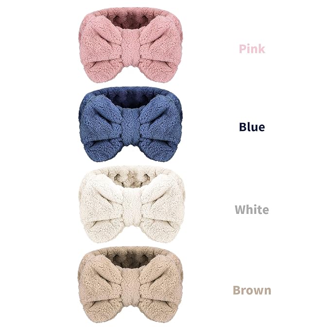 4 Pack Makeup Spa Headband Microfiber Bow Towel Soft Fluffy Washing Face Headband for Women Girls Shower Bath Skincare (White, Blue, Pink, Brown)