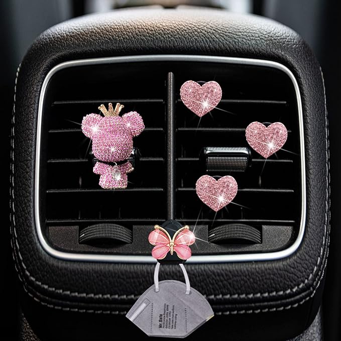Heart & Bear 4 Pcs Bling Heart Air Vent Clips - Diamond Car Diffuser & Interior Decor Charm - Cute Car Accessories & Decoration for Women + Cute Butterfly Mask Hook (Pink, 1)