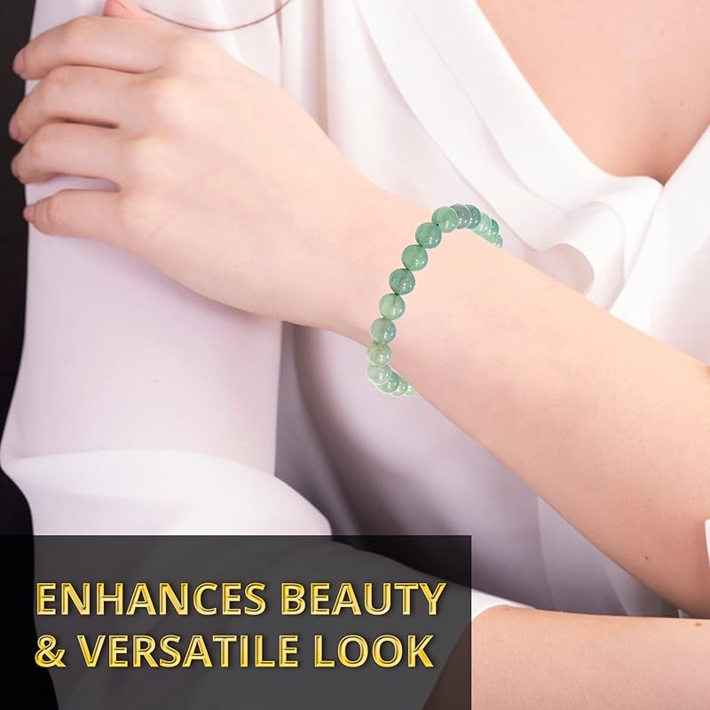 Green Aventurine Bracelet, Natural Healing Crystal Bracelet for Women and Men, 8mm Round Beaded Bracelet for Wealth, Prosperity, Elastic Adjustable Size Gemstone Bead Bracelet for Attract Success