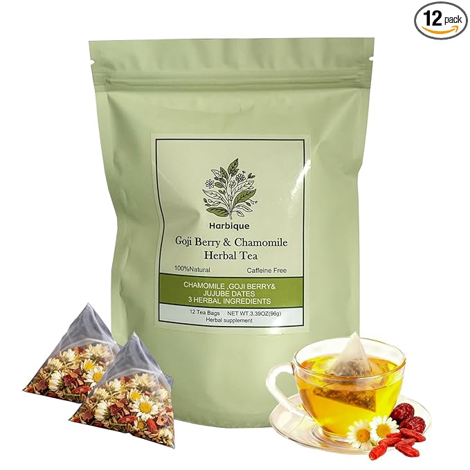 Harbique Chamomile & Jujube Herbal Tea Blend Red Dates & Goji Berries | Sleepytime Tea for stress relief | Postpartum Essentials for Mothers Milks Lactation, Hormone Balance|Organic,Caffeine-Free, Non-GMO|12 Tea Bags