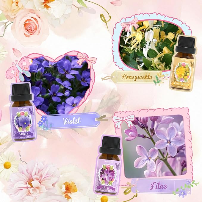Floral Essential Oils Set, Fragrance Oil Gift Set for Diffuser, Natural Scent Diffuser Oil for Candle Making- Rose, Gardenia, Jasmine, Honeysuckle, Violet, Lilac
