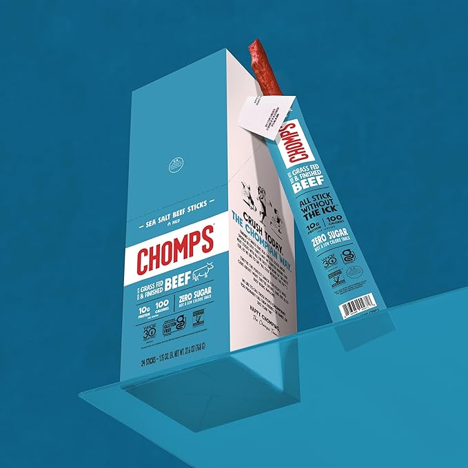Chomps Grass-Fed and Finished Sea Salt Beef Jerky Snack Sticks 10-Pack - Keto, Paleo, Whole30, 10g Lean Meat Protein, Gluten-Free, Zero Sugar Food, Non-GMO