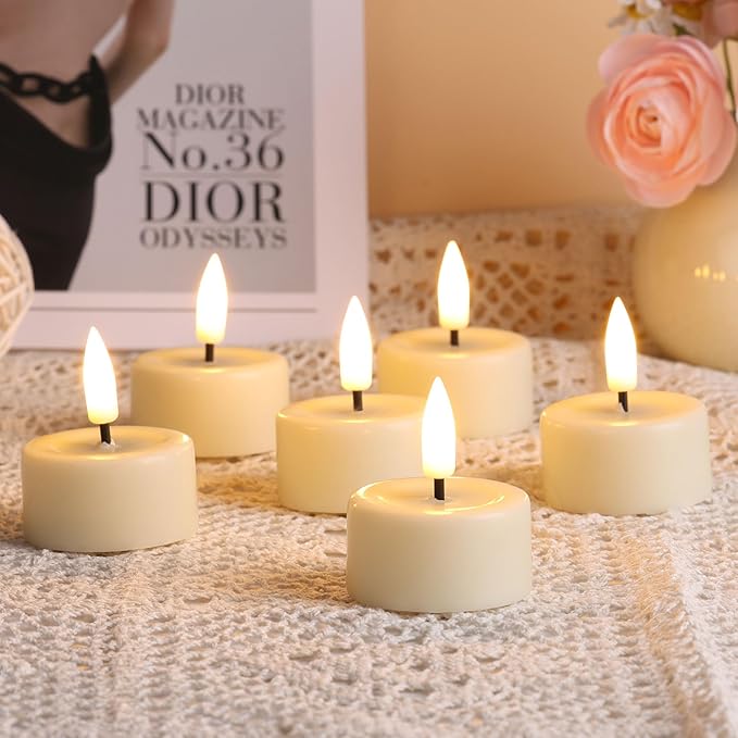 Eywamage Ivory Flameless Wax Tealights with Remote Batteries, Flickering Realistic LED Tea Votive Candles Set of 10