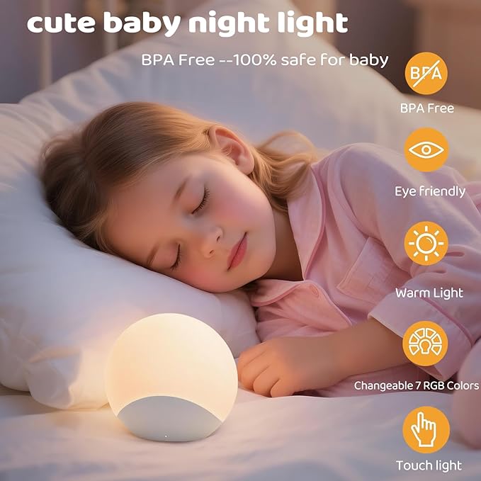 IYT Night Light for Baby,Kids Egg Light Stepless Dimming Touch Night Lamp,7 Colors Dimmable Eye Friendly Silicone Touch Lamp for Breast Feeding,Toddler Kids Bedroom Light,30 Min Hour Timer,BPA Free