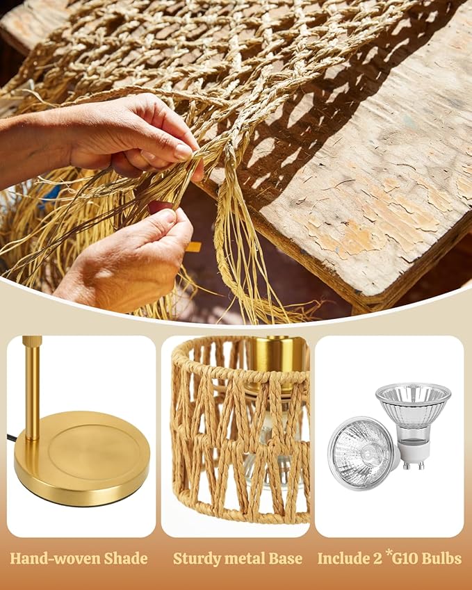 Candle Warmer Lamp with Timer, Dimmable Candle Warmer for Jar Candles, Height Adjustable Wax Melts Warmer, Boho Rattan Lampshade and 2 Bulbs, Gift for Home Room Decor, Gifts for Women Mom (Gold)