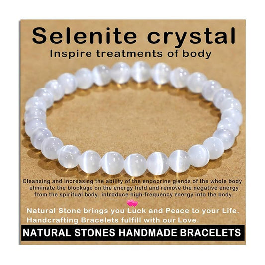 AD Beads Handmade Gemstone Stretch Elastic Bracelet Crystal Healing Reiki Nature's Beauty and Spiritual Essence Unisex (6mm, Selenite Crystal (Inspire treatments))