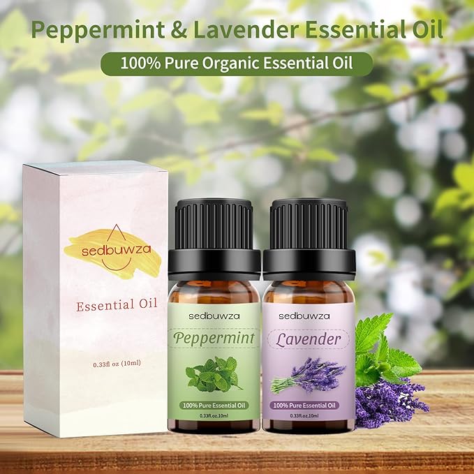 Sedbuwza Lavender Peppermint Essential Oil Set, Lavender Fragrance Oil Peppermint Scent Oil Set for Diffuser, Aromatherapy, Massage, Soap, Candle Making 2 x 10 ml