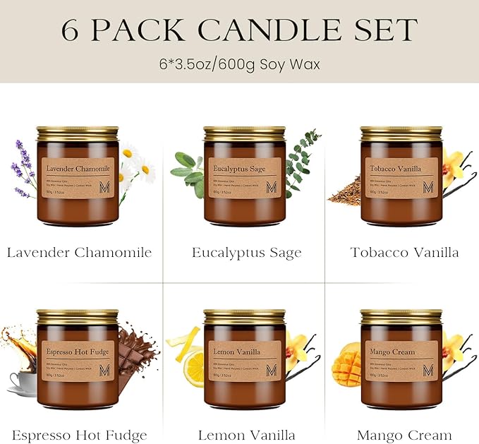 M&SENSE 6 Pack Candles Gift for Home Scented Aromatherapy Candle Set for Women Soy Wax Long Lasting Amber Jar Candles Gift for Birthday Housewarming Mother's Valentine Day