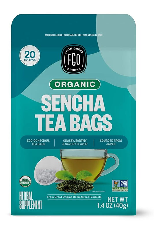 FGO Organic Japanese Sencha Green Tea, 20 Count, Eco-Conscious Tea Bags, Resealable Bag, Packaging May Vary (Pack of 1)