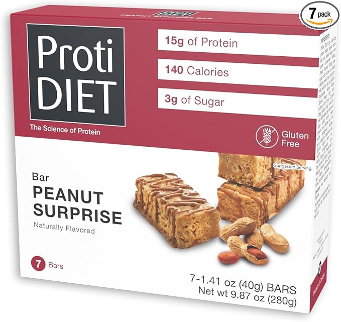 ProtiDIET Peanut Surprise High Protein Bar, No Trans Fat, Nutrient Rich Protein Fiber Bars - High Protein Snacks for Adults - Healthy On-the-Go-Snack - 7 Delicious Peanut Meal Bars Per Box