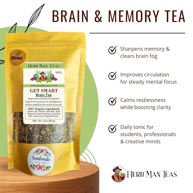 Brain & Memory Tea – With Ginkgo, Gotu Kola & Chaga – Supports focus, memory & clarity – Organic, caffeine-free tea for students, professionals & seniors – Formulated by Khabir Southwick