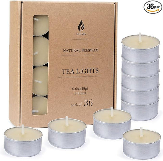 36-Pack Pure Beeswax Tealight Candles in Aluminum Cups - 4-5 Hour Burn Time, Lead-Free Cotton Wick, Natural Unscented Candles，White