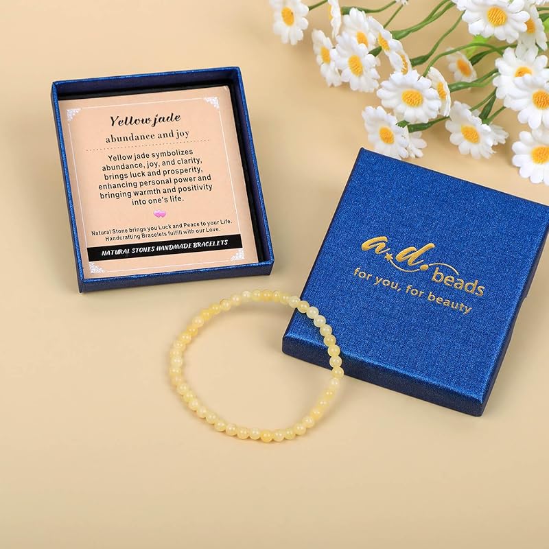 AD Beads Handmade Gemstone Stretch Elastic Bracelet Crystal Healing Reiki Nature's Beauty and Spiritual Essence Unisex (4mm, Yellow Jade (abundance and joy))