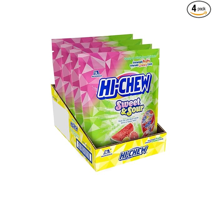 HI-CHEW Sweet and Sour Mix Bulk, Watermelon Lemon Grapefruit, 220+ Pieces, 4 Stand Up Pouches, 12.7oz each - Unique Fun Soft & Chewy Candy - Juicy Fruity Flavors - Individually Wrapped Halloween Candy
