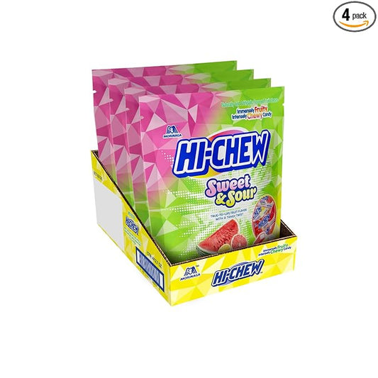 HI-CHEW Sweet and Sour Mix Bulk, Watermelon Lemon Grapefruit, 220+ Pieces, 4 Stand Up Pouches, 12.7oz each - Unique Fun Soft & Chewy Candy - Juicy Fruity Flavors - Individually Wrapped Halloween Candy