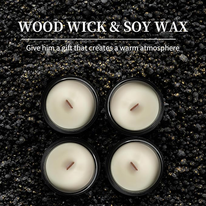 4 Pack Manly Scented Candles for Men Burn Time 200h Soy Candle Set for Home 7Oz Wood Wick Aromatherapy Candles for Relaxation Scented Leather Cedar/Lavender/Amber Sandalwood/Vanilla Candles