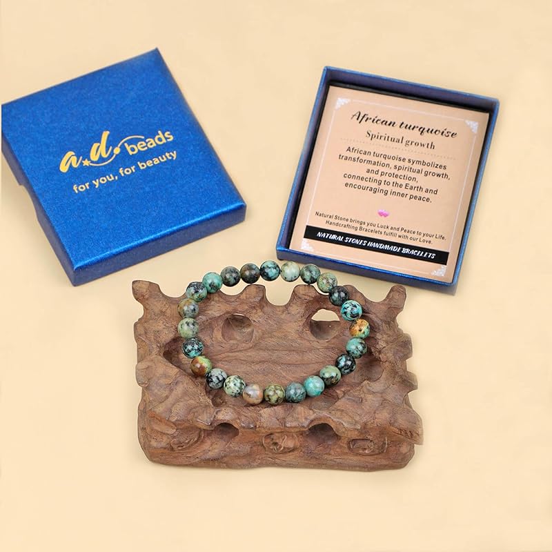 AD Beads Handmade Gemstone Stretch Elastic Bracelet Crystal Healing Reiki Nature's Beauty and Spiritual Essence Unisex (8mm, African Turquoise (Spiritual growth))