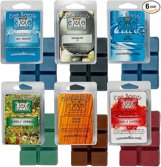 6 Pack Soy Blend Wickless Candle Scented Wax Melts Bars - Wax Cubes for Scented Wax melt Warmer - Man Cave Scents, Cool Water, Drakkar Cologne Type, Cedar & Saffron, & More! Made in The USA