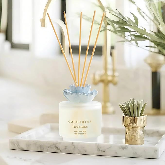 COCORRÍNA Gypsum Flower Reed Diffuser Set for Bathroom Décor – Pure Island Scent, 6.76 oz with Sticks & Oil – Home Fragrance for Bathroom & Living Space