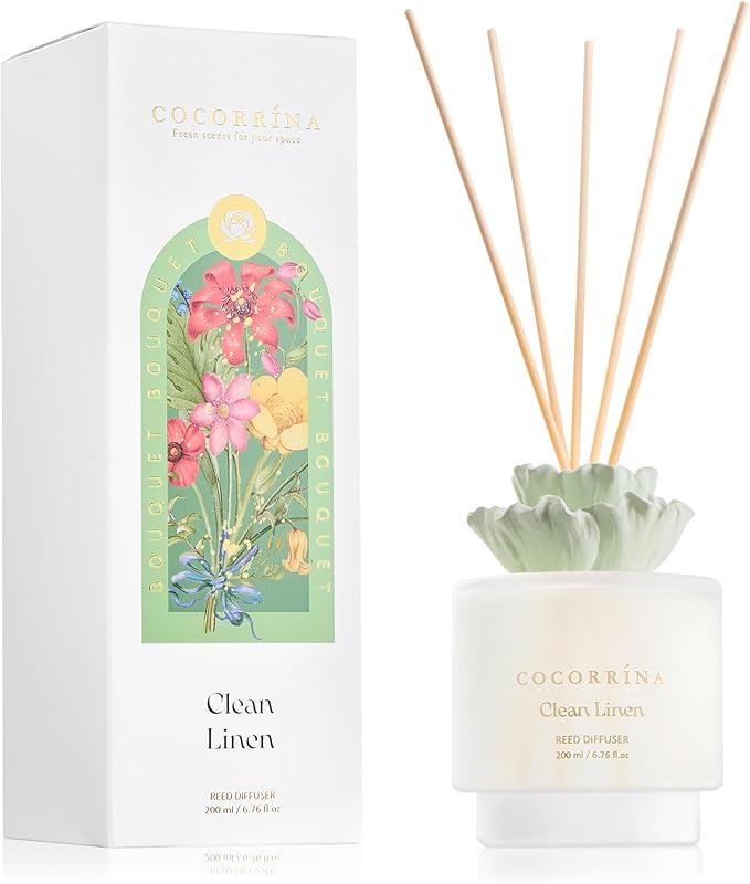 COCORRÍNA Gypsum Flower Reed Diffuser Set for Bathroom Décor – Clean Linen Scent, 6.76 oz with Sticks & Oil – Home Fragrance for Bathroom & Living Space