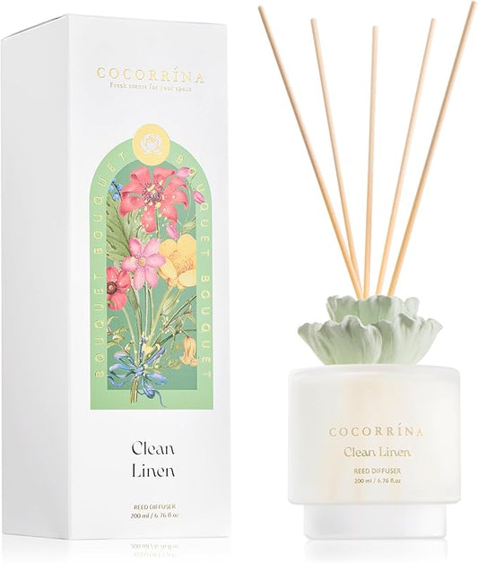 COCORRÍNA Gypsum Flower Reed Diffuser Set for Bathroom Décor – Clean Linen Scent, 6.76 oz with Sticks & Oil – Home Fragrance for Bathroom & Living Space