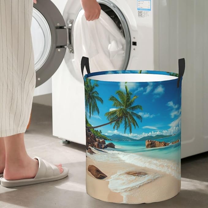 Laundry Basket Seaside Palm Trees Collapsible Large Capacity, 63L Dirty Clothes Basket Durable Lightweight Hamper With Handles Ideal For Clothes,Toys Home Organization15.7 * 19.6in